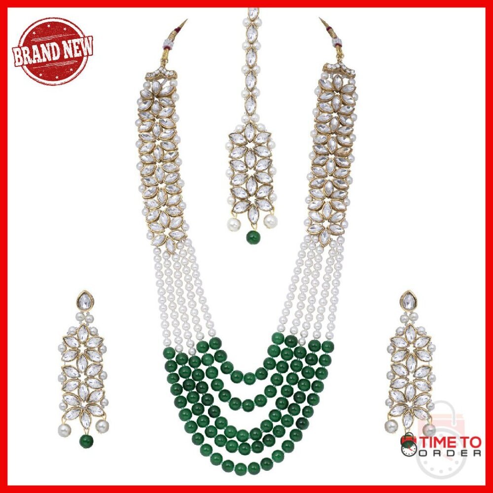 Faux Kundan Pearl Bridal Jewelry Set with Maang Tikka Necklace Earrings